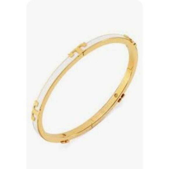 Tory Burch White and Gold Enamel Serif Bangle Bracelet - Picture 1 of 3
